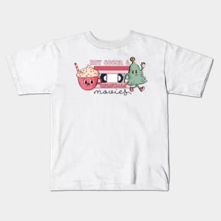 Hot Cocoa and Christmas Movies Pink Retro Holiday Vibes Kids T-Shirt